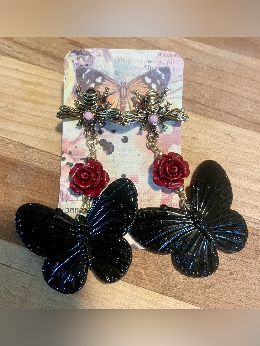 Antiqued Gold Bee, Red Rose & Black Butterfly Drop Earrings